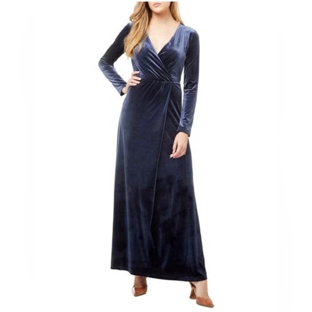 Love By Design Rosalie Long Sleeve Blue Velvet Maxi Wrap Dress Small NWT